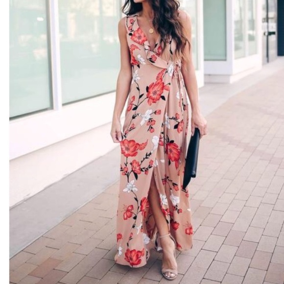 CLEARANCE Taupe Deep V Faux Wrap Floral Open Back Dress - Picture 2 of 7